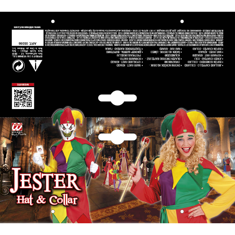SET TRAVESTIMENTO - GIULLARE - CAPPELLO, COLLARE - ACCESSORI ABITO VESTITO CARNEVALE