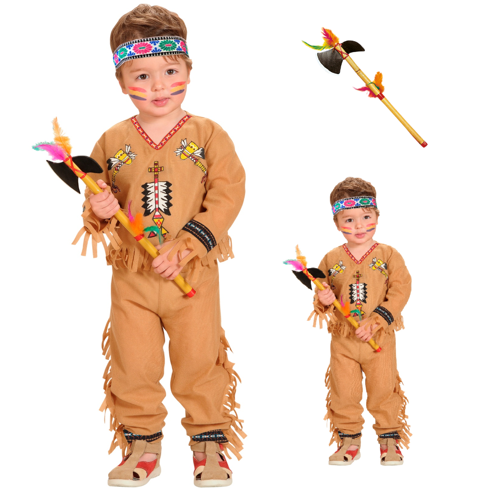 VESTITO CARNEVALE + ACCESSORI INDIANO COSTUME ASCIA TRAVESTIMENTO (2/3 ANNI)