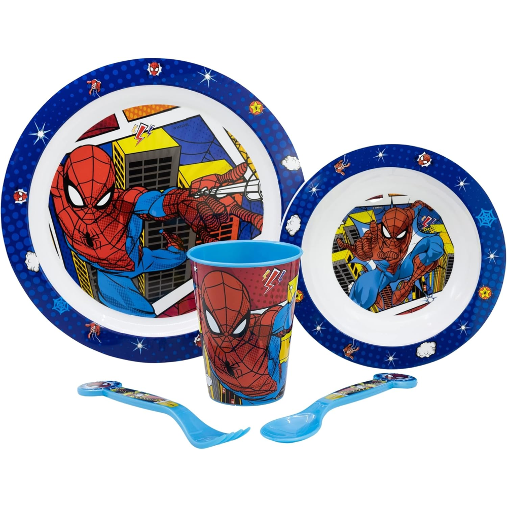 SET PAPPA 5 PEZZI SPIDERMAN MARVEL PIATTI BICCHIERE POSATE IN PLASTICA RIGIDA RIUTILIZZABILE IN CONFEZIONE - 74750
