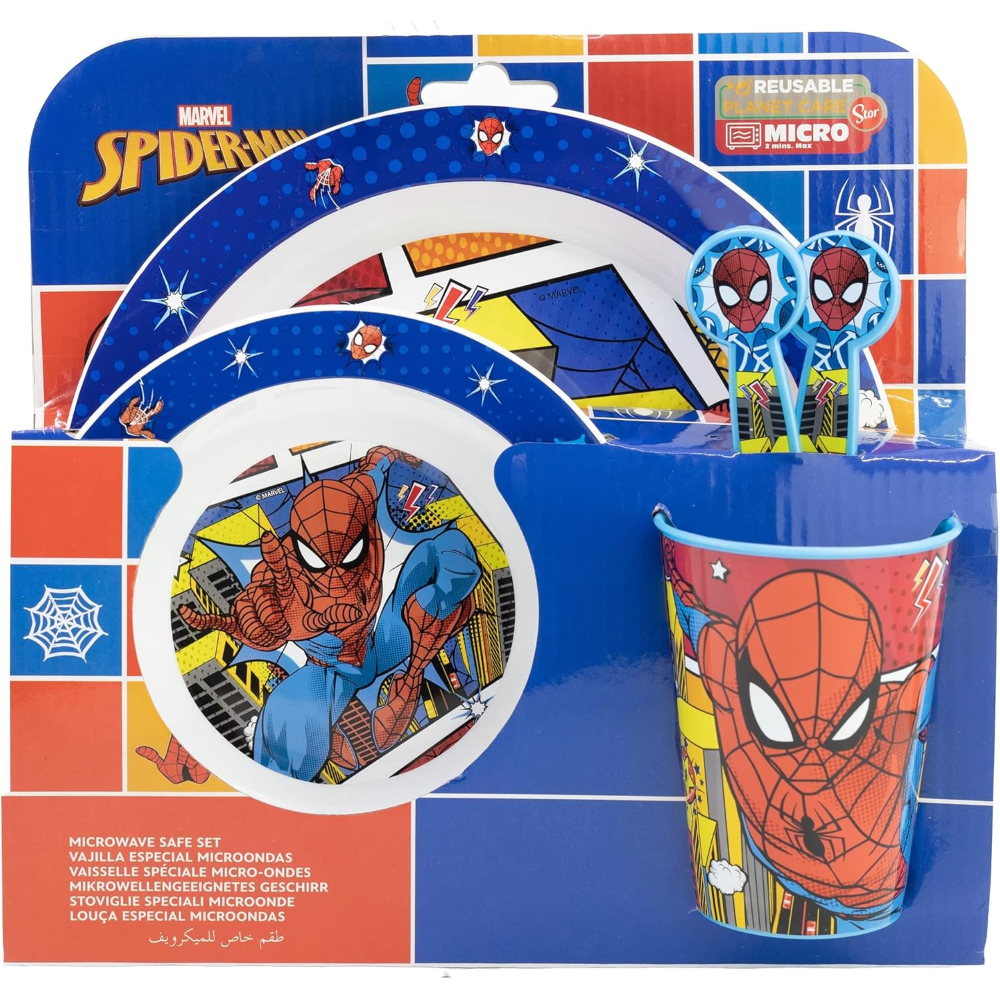 SET PAPPA 5 PEZZI SPIDERMAN MARVEL PIATTI BICCHIERE POSATE IN PLASTICA RIGIDA RIUTILIZZABILE IN CONFEZIONE - 74750