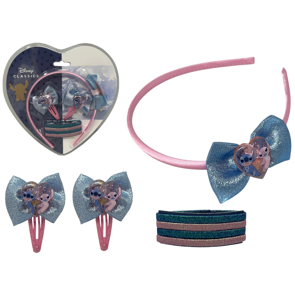 SET ACCESSORI PER CAPELLI STITCH E ANGEL DISNEY 7 PEZZI CERCHIETTO CLIC CLAC ELASTICI - D06575MC