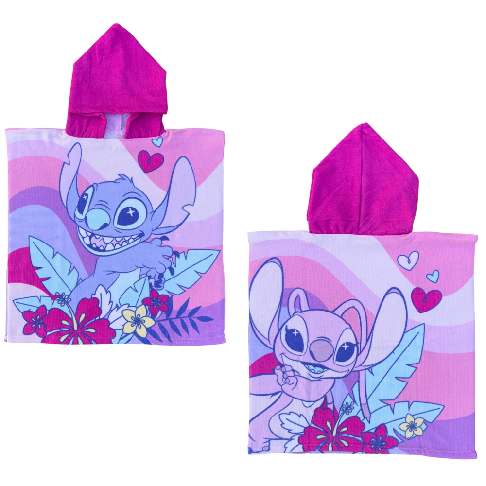 PONCHO MARE STITCH E ANGEL DISNEY 110 X 55 CM ACCAPPATOIO PER BAMBINI MICROFIBRA - YE18064
