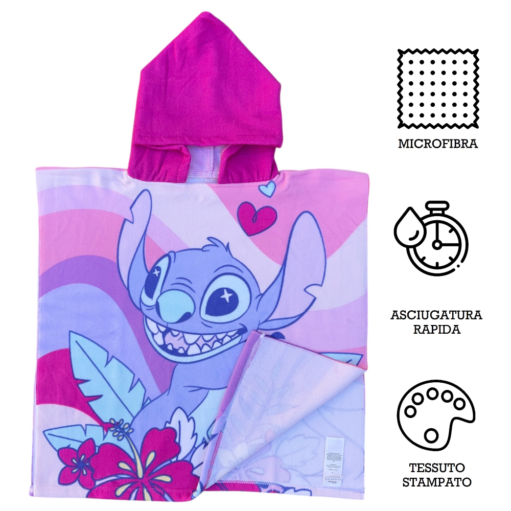 PONCHO MARE STITCH E ANGEL DISNEY 110 X 55 CM ACCAPPATOIO PER BAMBINI MICROFIBRA - YE18064