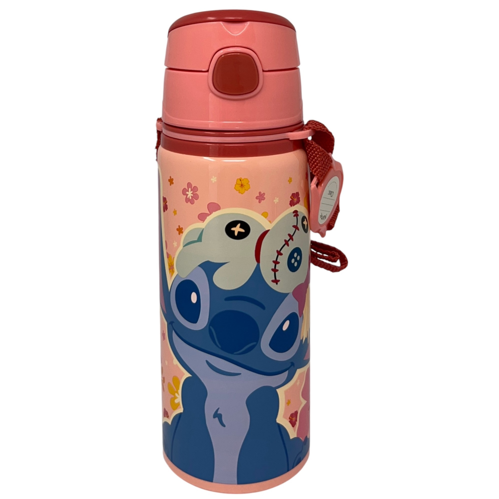 BORRACCIA IN ALLUMINIO CON CANNUCCIA STITCH DISNEY 600 ML APERTURA AUTOMATICA CON TRACOLLA- ST00088