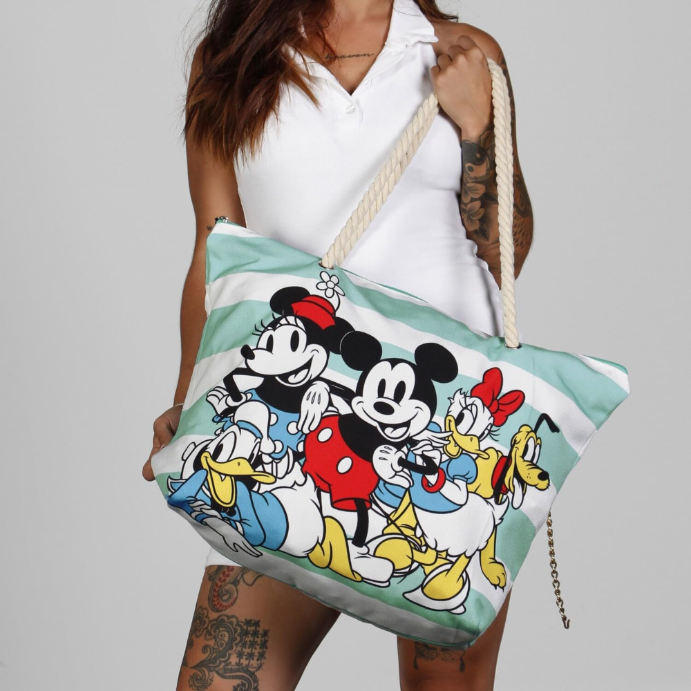 BORSA MARE MICKEY & FRIENDS DISNEY VINTAGE IN TESSUTO CON MANICI E CERNIERA DA SPIAGGIA - 07047