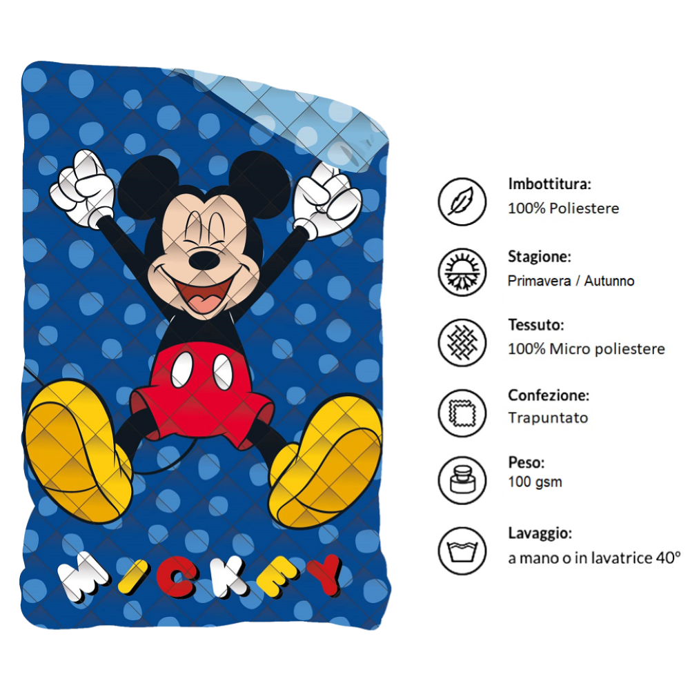 TRAPUNTINO DOUBLEFACE TOPOLINO DISNEY COPERTA COPRILETTO TRAPUNTATO 100 GSM LETTO SINGOLO 170X250 CM - MIC1769