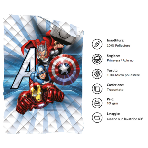 TRAPUNTINO DOUBLEFACE AVENGERS MARVEL COPERTA COPRILETTO TRAPUNTATO 100 GSM LETTO SINGOLO 170X250 CM - AVE1761