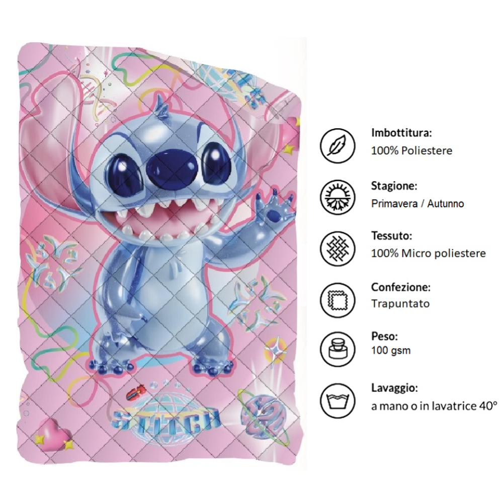 TRAPUNTINO DOUBLEFACE STITCH E ANGEL DISNEY COPERTA COPRILETTO TRAPUNTATO 100 GSM LETTO SINGOLO 170X250 CM - STI1785