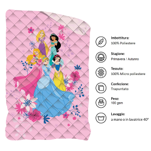 TRAPUNTINO DOUBLEFACE PRINCIPESSE DISNEY COPERTA COPRILETTO TRAPUNTATO 100 GSM LETTO SINGOLO 170X250 CM - PRI1771