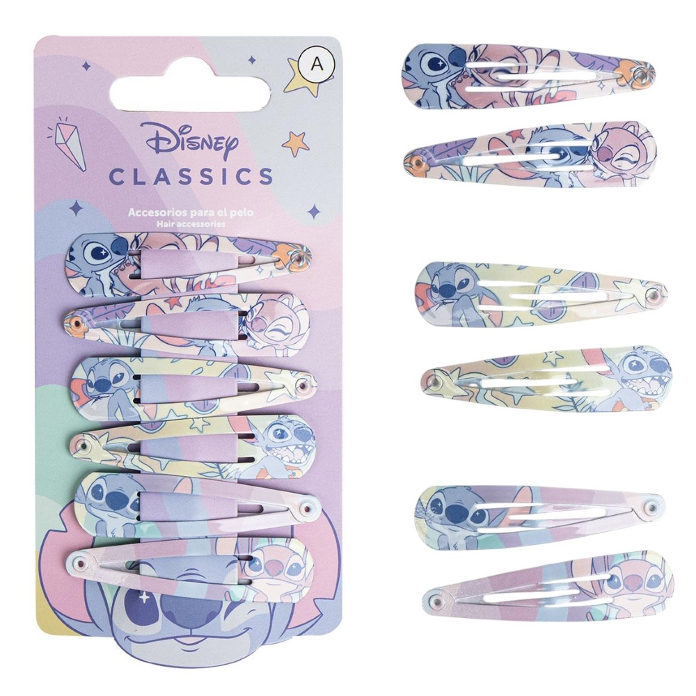 SET MOLLETTE STITCH E ANGEL DISNEY MODELLO CLIC CLAC 6 PEZZI ACCESSORI PER CAPELLI - 3065