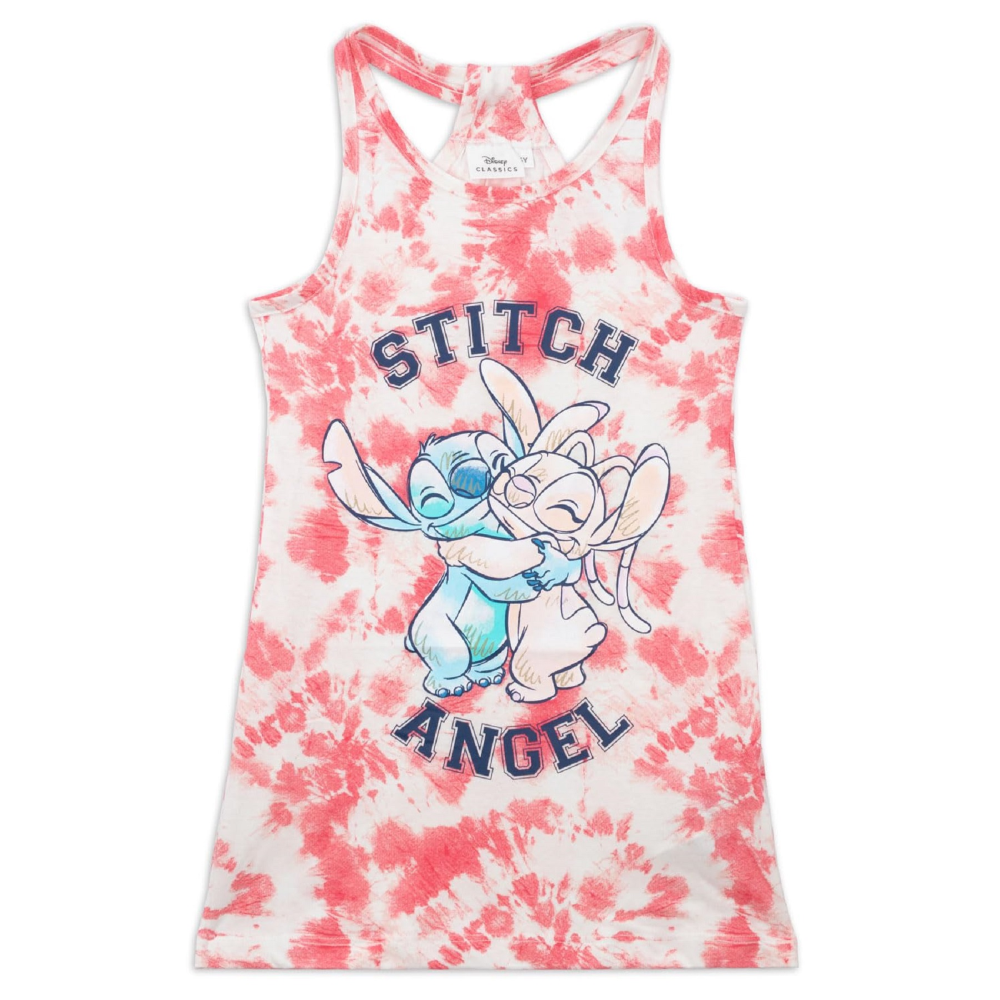 VESTITINO STITCH E ANGEL DISNEY SCAMICIATA ABITO SMANICATO IN COTONE GRAFICA TIE-DYE - YE10074.FUCSIA