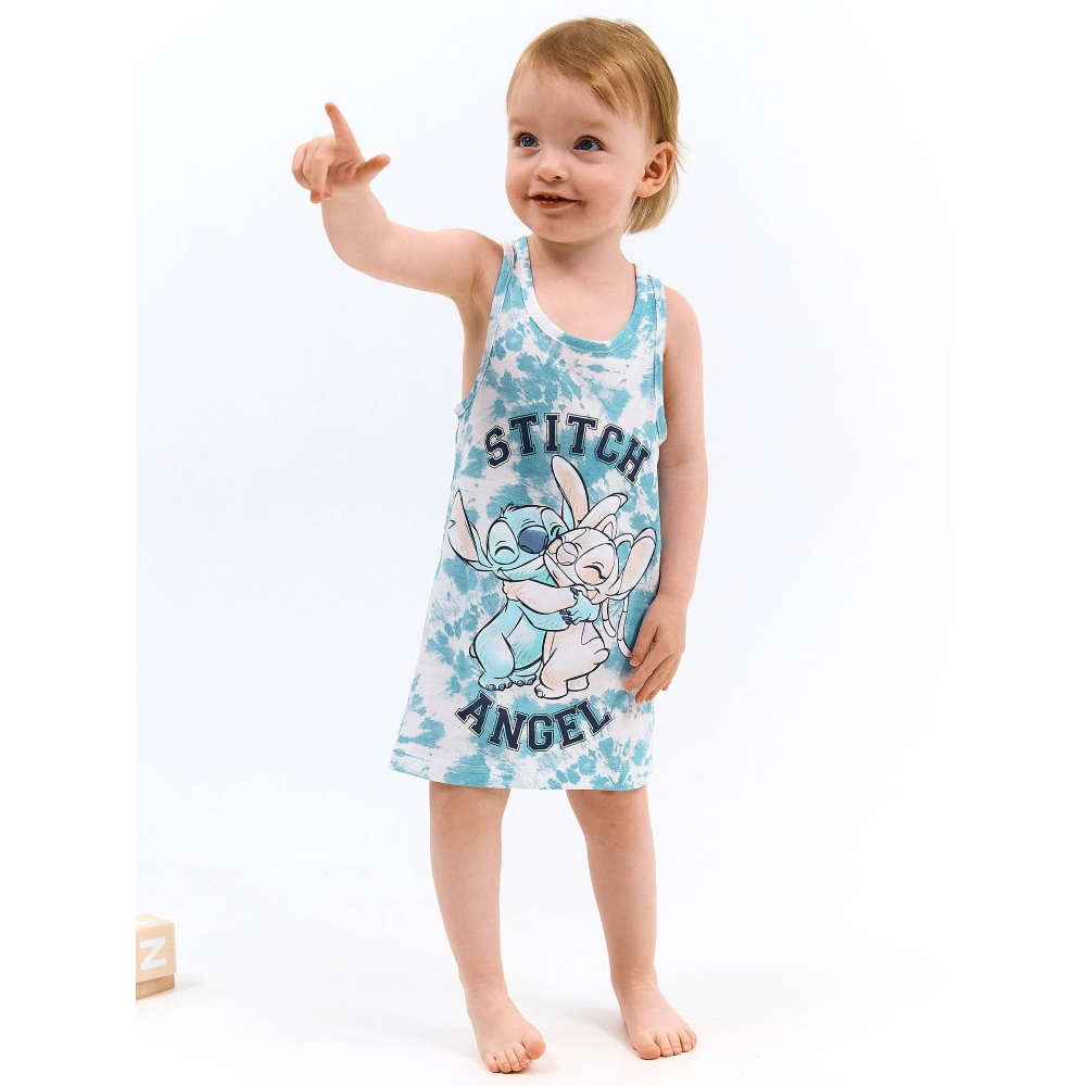 VESTITINO STITCH E ANGEL DISNEY SCAMICIATA ABITO SMANICATO IN COTONE GRAFICA TIE-DYE - YE10074.AZZURRO