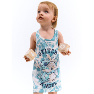 VESTITINO STITCH E ANGEL DISNEY SCAMICIATA ABITO SMANICATO IN COTONE GRAFICA TIE-DYE - YE10074.AZZURRO