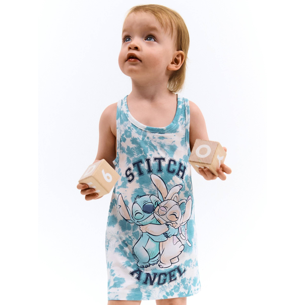 VESTITINO STITCH E ANGEL DISNEY SCAMICIATA ABITO SMANICATO IN COTONE GRAFICA TIE-DYE - YE10074.AZZURRO