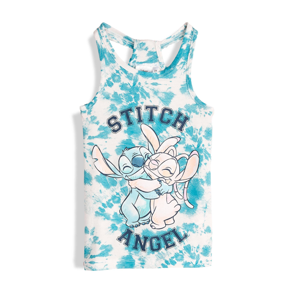 VESTITINO STITCH E ANGEL DISNEY SCAMICIATA ABITO SMANICATO IN COTONE GRAFICA TIE-DYE - YE10074.AZZURRO