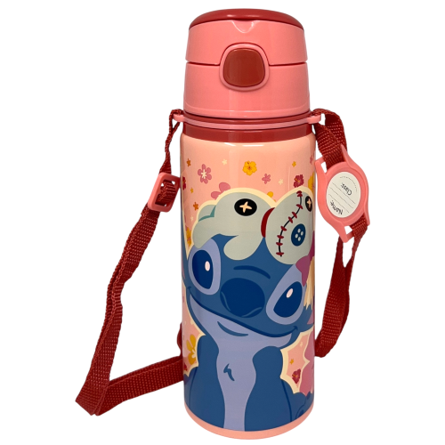 BORRACCIA IN ALLUMINIO CON CANNUCCIA STITCH DISNEY 600 ML APERTURA AUTOMATICA CON TRACOLLA- ST00088