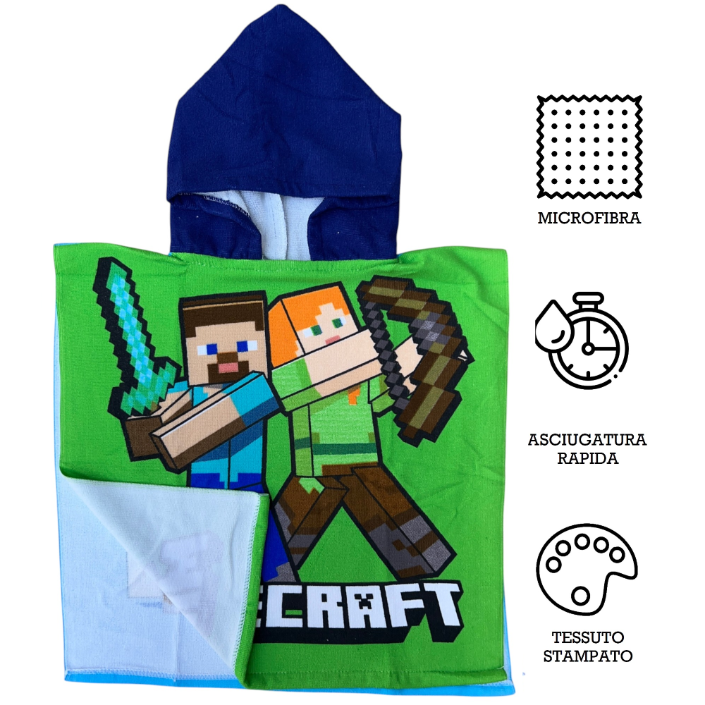 PONCHO MARE MINECRAFT 100 X 50 CM ACCAPPATOIO DA SPIAGGIA PER BAMBINI 100% PL - MNC36-5164