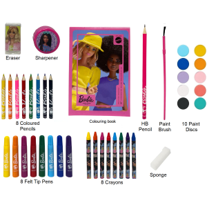 COLORI BARBIE MATTEL 52 PEZZI KIT PENNARELLI ACQUERELLI E PASTELLI SCATOLA CON CASSETTI - 2872