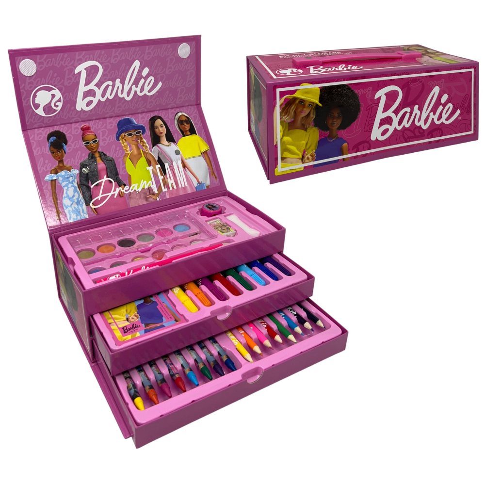 COLORI BARBIE MATTEL 52 PEZZI KIT PENNARELLI ACQUERELLI E PASTELLI SCATOLA CON CASSETTI - 2872