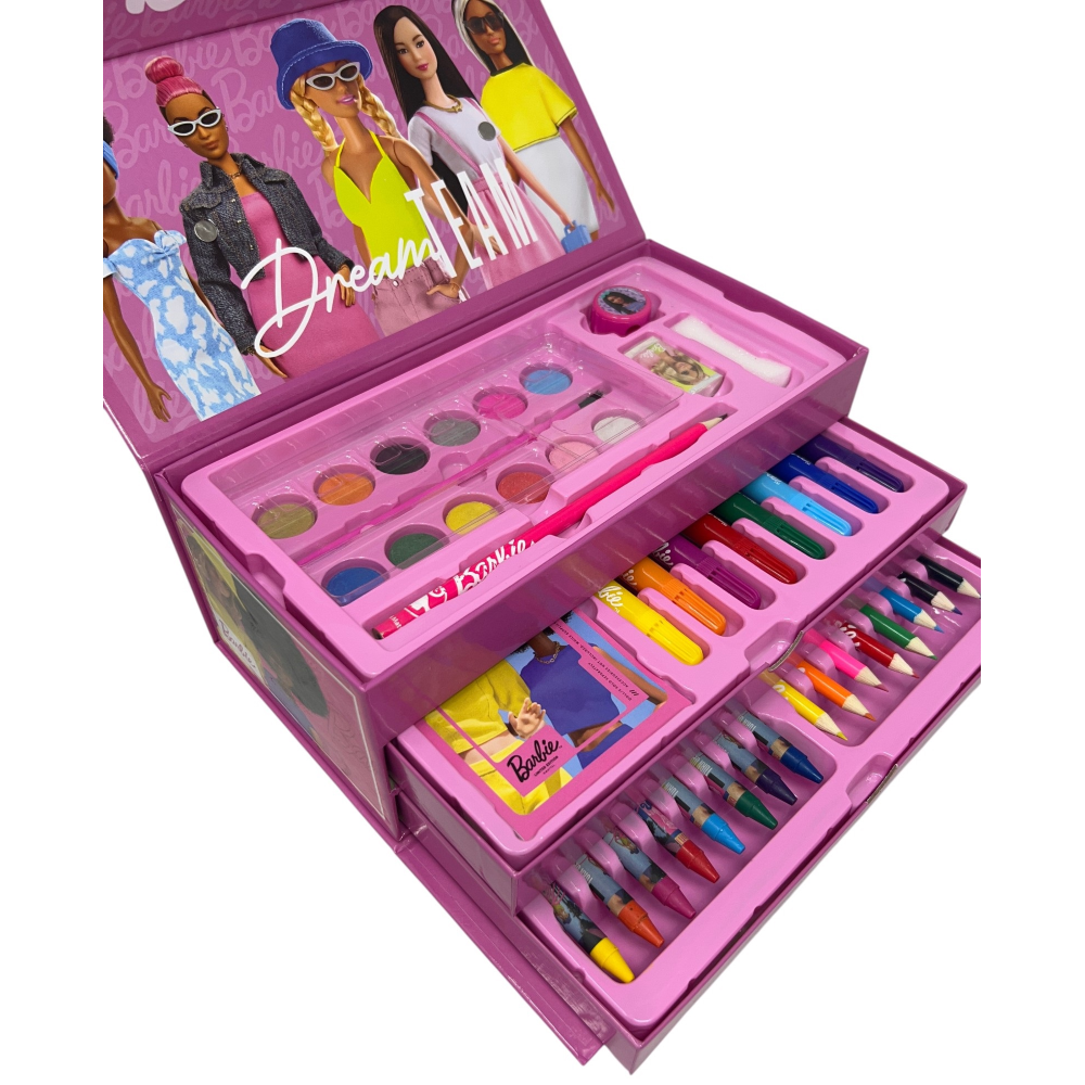 COLORI BARBIE MATTEL 52 PEZZI KIT PENNARELLI ACQUERELLI E PASTELLI SCATOLA CON CASSETTI - 2872