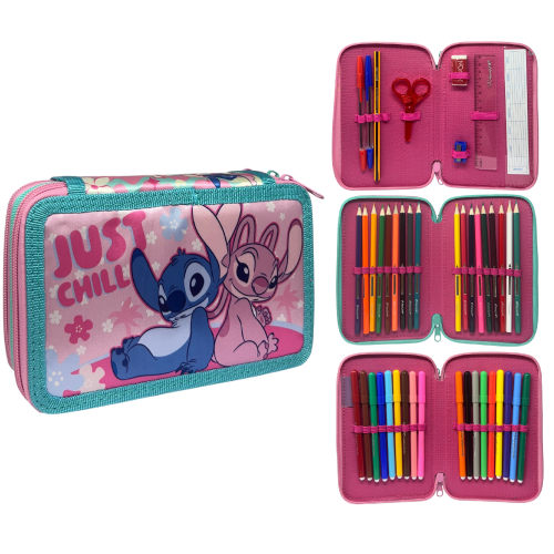 ASTUCCIO 3 ZIP SCUOLA STITCH E ANGEL DISNEY MULTISCOMPARTO PORTACOLORI GIOTTO - 564801
