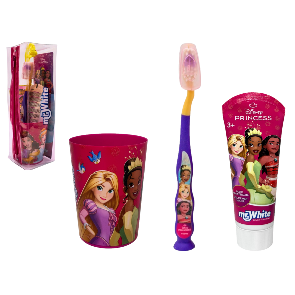 SET ACCESSORI CURA IGIENE ORALE PRINCIPESSE DISNEY 4 PEZZI CON POCHETTE