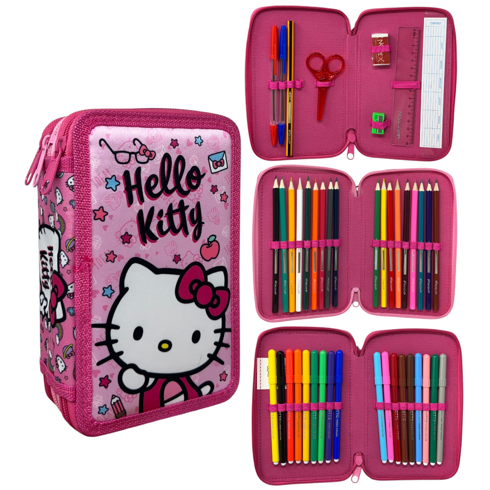 ASTUCCIO 3 ZIP SCUOLA HELLO KITTY MULTISCOMPARTO PORTACOLORI GIOTTO - 1004E4230