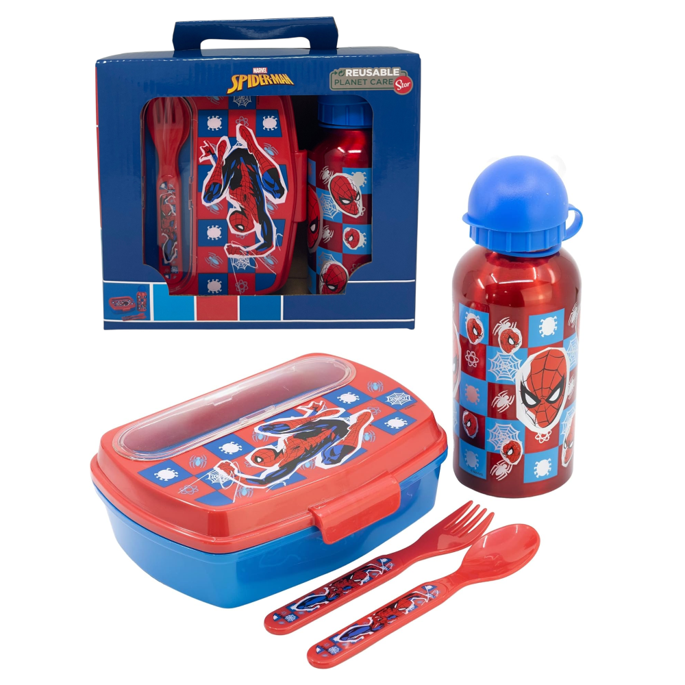 SET PRANZO SPIDERMAN MARVEL 2 PEZZI BORRACCIA IN ALLUMINIO E PORTAMERENDA CON POSATE - ST74763