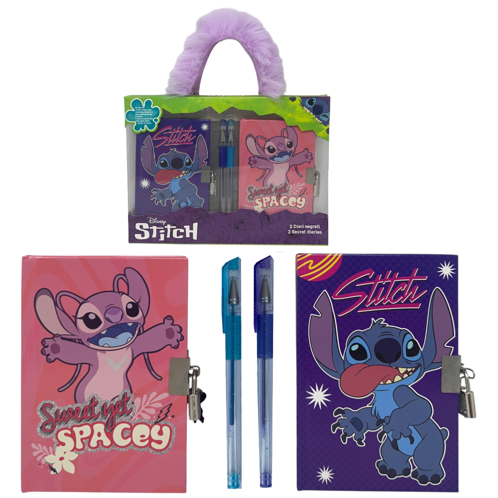 SET 2 DIARI SEGRETI CON LUCCHETTO STITCH ANGEL DISNEY + 2 PENNE GEL IN CONFEZIONE REGALO - LST0754