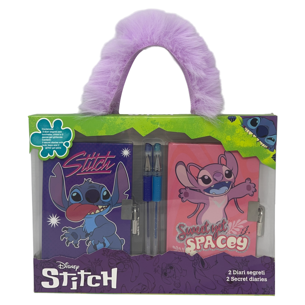 SET 2 DIARI SEGRETI CON LUCCHETTO STITCH ANGEL DISNEY + 2 PENNE GEL IN CONFEZIONE REGALO - LST0754