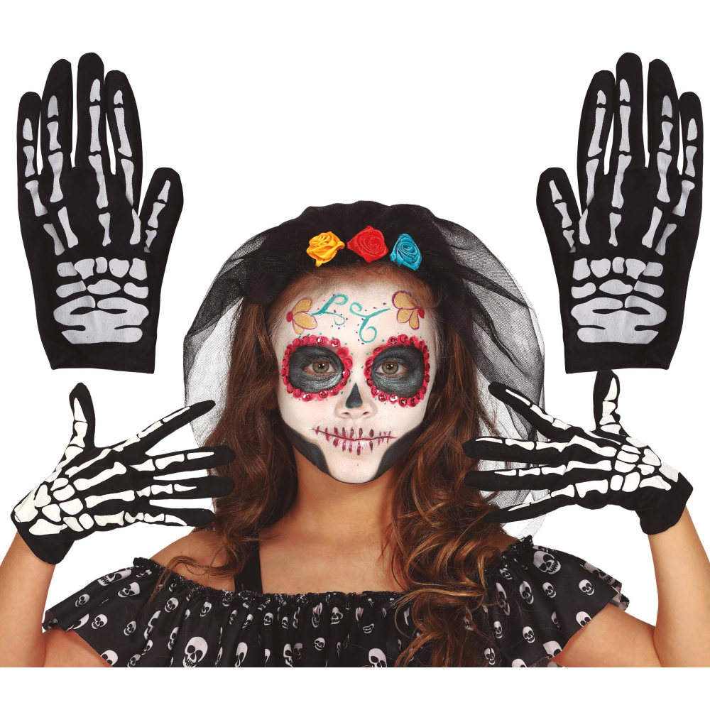 GUANTI SCHELETRO OSSA TAGLIA UNICA BAMBINO ACCESSORI CARNEVALE HALLOWEEN - 17725