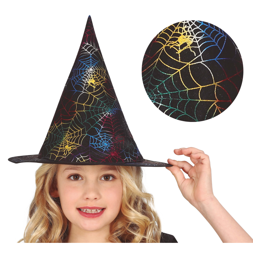 CAPPELLO STREGA CON STAMPA MULTICOLORE RAGNATELE ACCESSORI BAMBINI CARNEVALE HALLOWEEN - 13056