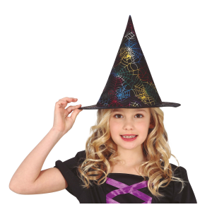 CAPPELLO STREGA CON STAMPA MULTICOLORE RAGNATELE ACCESSORI BAMBINI CARNEVALE HALLOWEEN - 13056