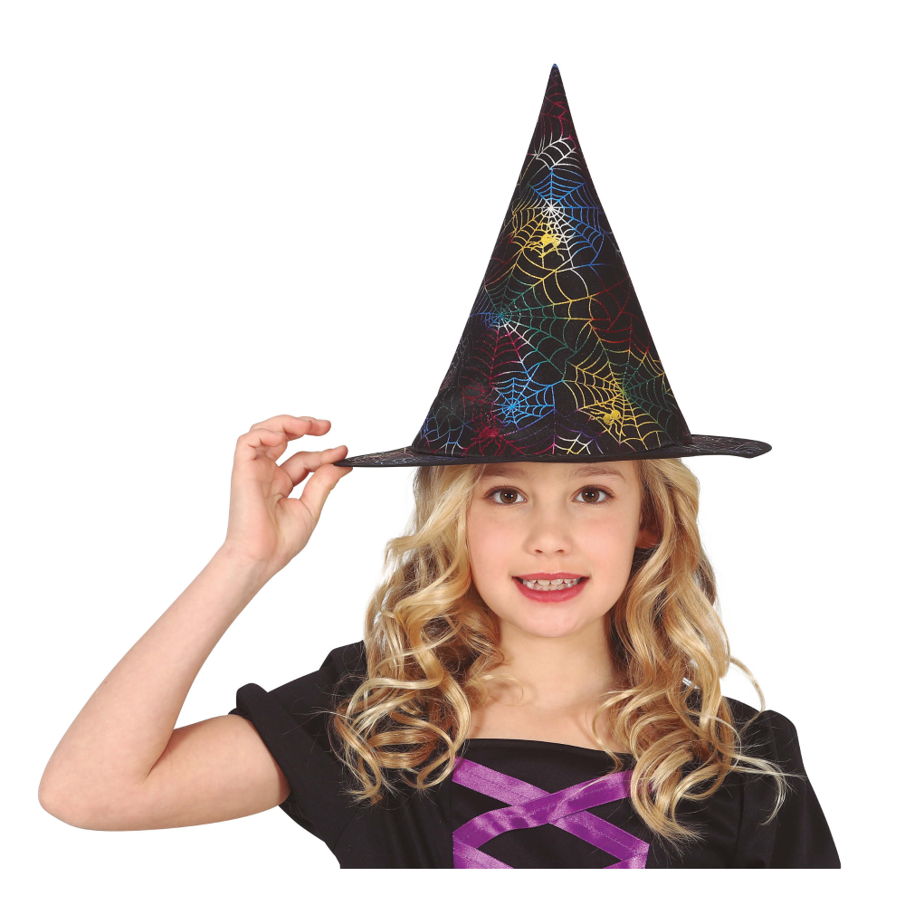 CAPPELLO STREGA CON STAMPA MULTICOLORE RAGNATELE ACCESSORI BAMBINI CARNEVALE HALLOWEEN - 13056