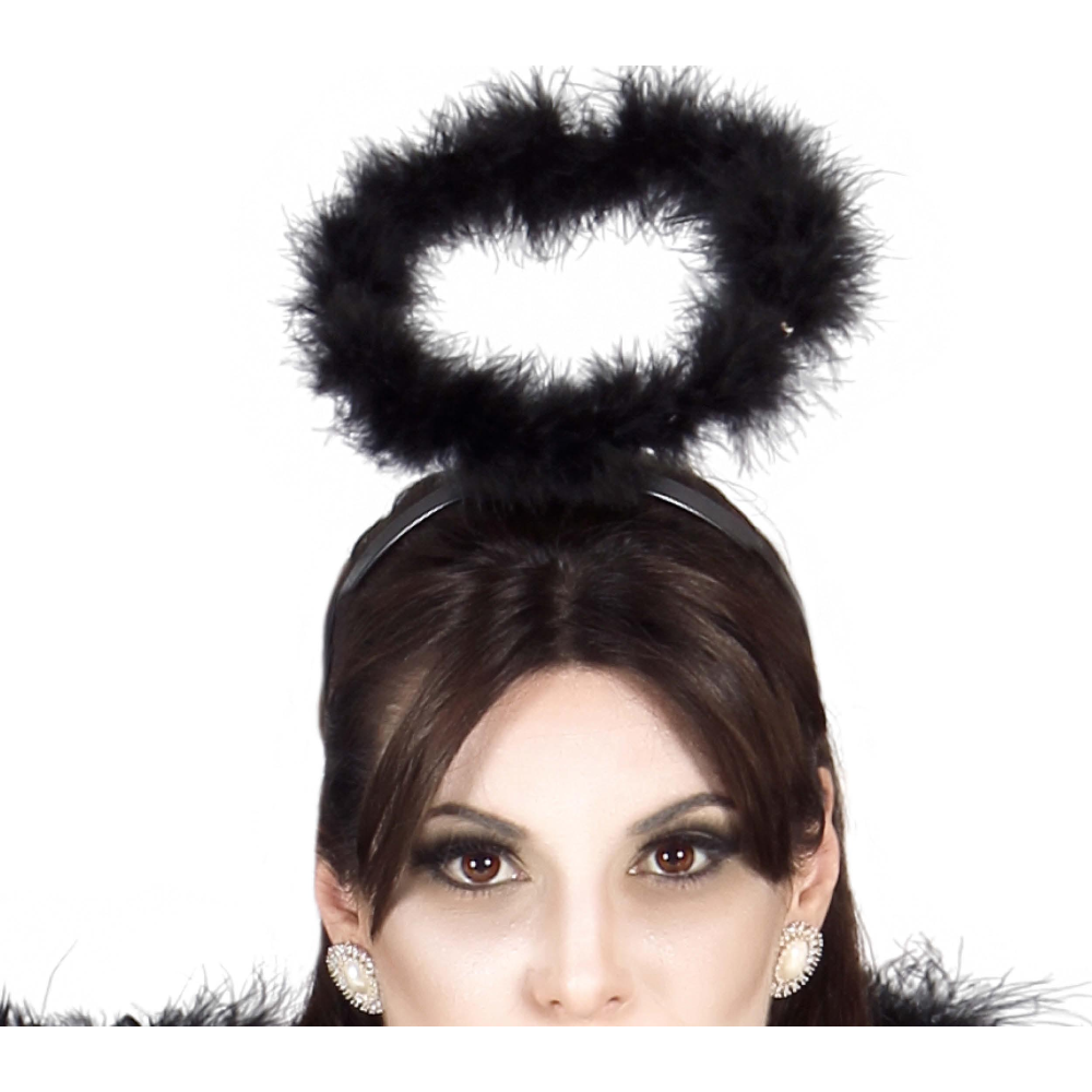 CERCHIETTO CON AUREOLA IN MARABOU NERO ACCESSORI PER ABITO VESTITO TRAVESTIMENTO CARNEVALE HALLOWEEN - 16148