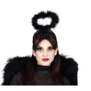 CERCHIETTO CON AUREOLA IN MARABOU NERO ACCESSORI PER ABITO VESTITO TRAVESTIMENTO CARNEVALE HALLOWEEN - 16148