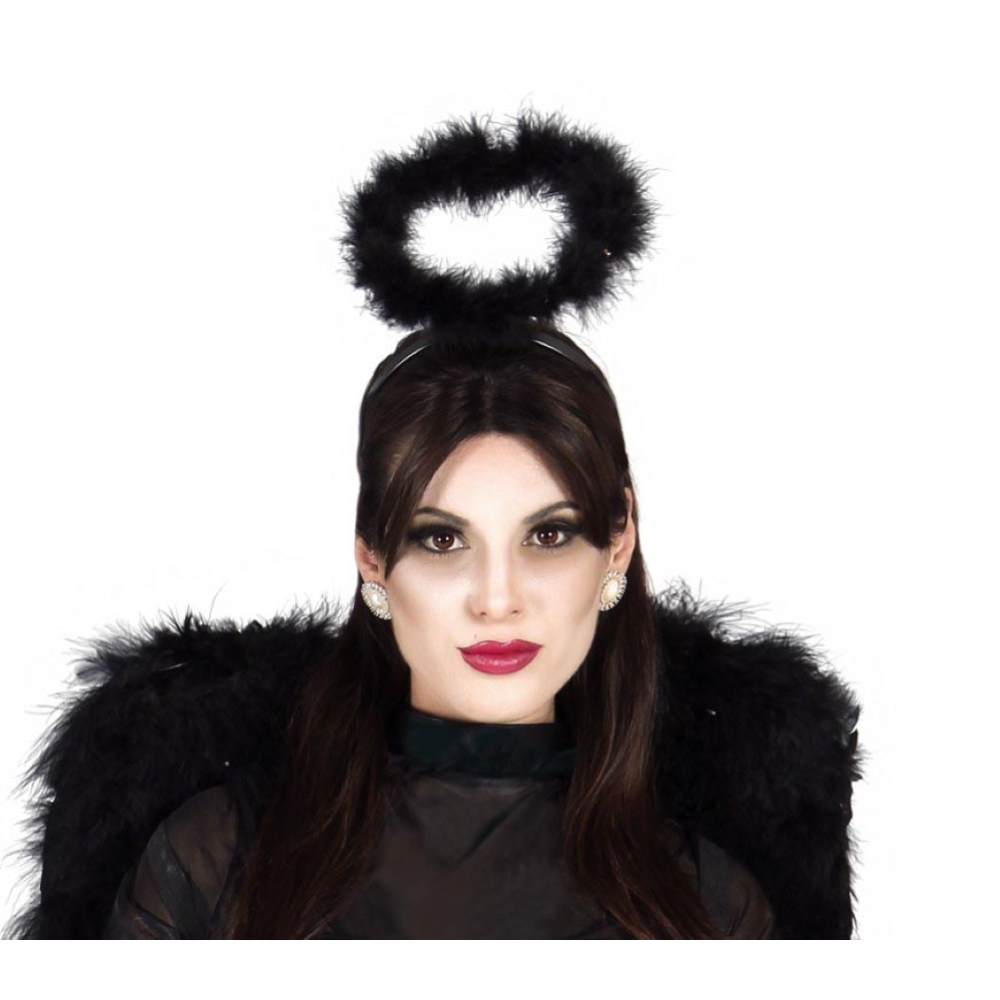 CERCHIETTO CON AUREOLA IN MARABOU NERO ACCESSORI PER ABITO VESTITO TRAVESTIMENTO CARNEVALE HALLOWEEN - 16148