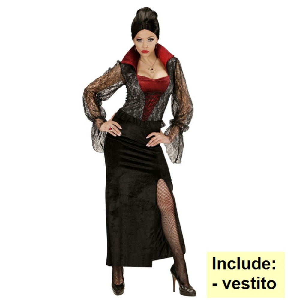 COSTUME VAMPIRESSA DONNA ABITO ELEGANTE IN PIZZO E VELLUTO TRAVESTIMENTO HALLOWEEN COSPLAY - 0404
