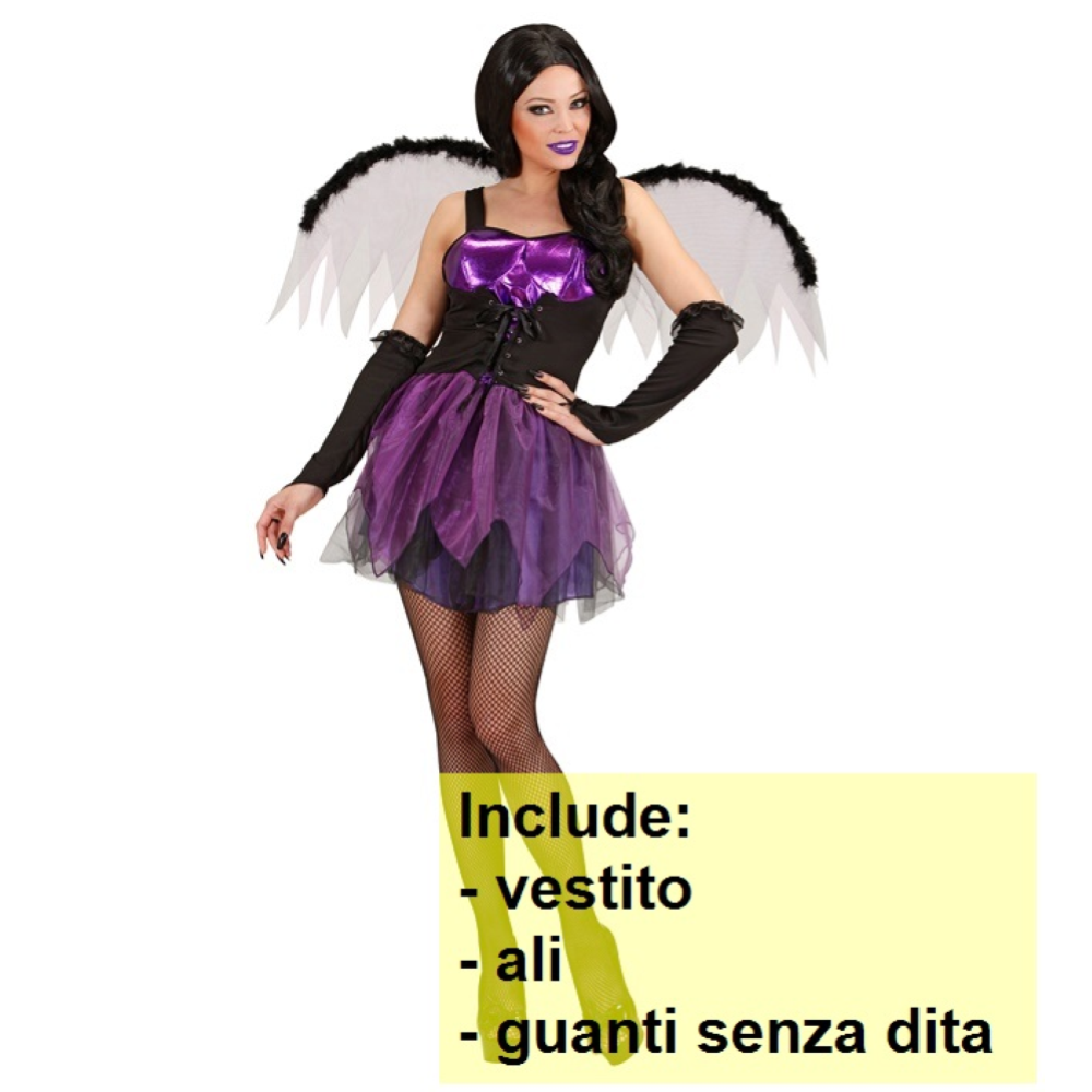 COSTUME FATINA GOTICA DONNA ABITO CON ALI GUANTI LUNGHI TRAVESTIMENTO HALLOWEEN COSPLAY - 8982