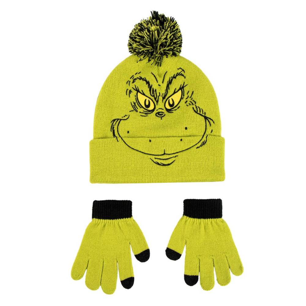 SET INVERNALE IL GRINCH CAPPELLO CON POMPON E GUANTI PER BAMBINI IN MORBIDO ACRILICO - 0578