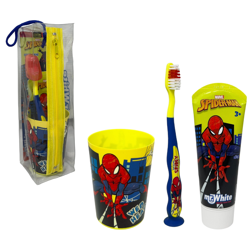 SET ACCESSORI CURA IGIENE ORALE SPIDERMAN MARVEL 4 PEZZI CON POCHETTE