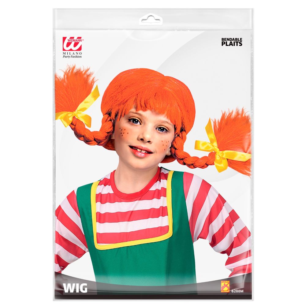 PARRUCCA BAMBINA GIOCOSA CON TRECCE ACCESSORIO TRAVESTIMENTO COSPLAY PIPPI CALZELUNGHE FESTE - 6288M