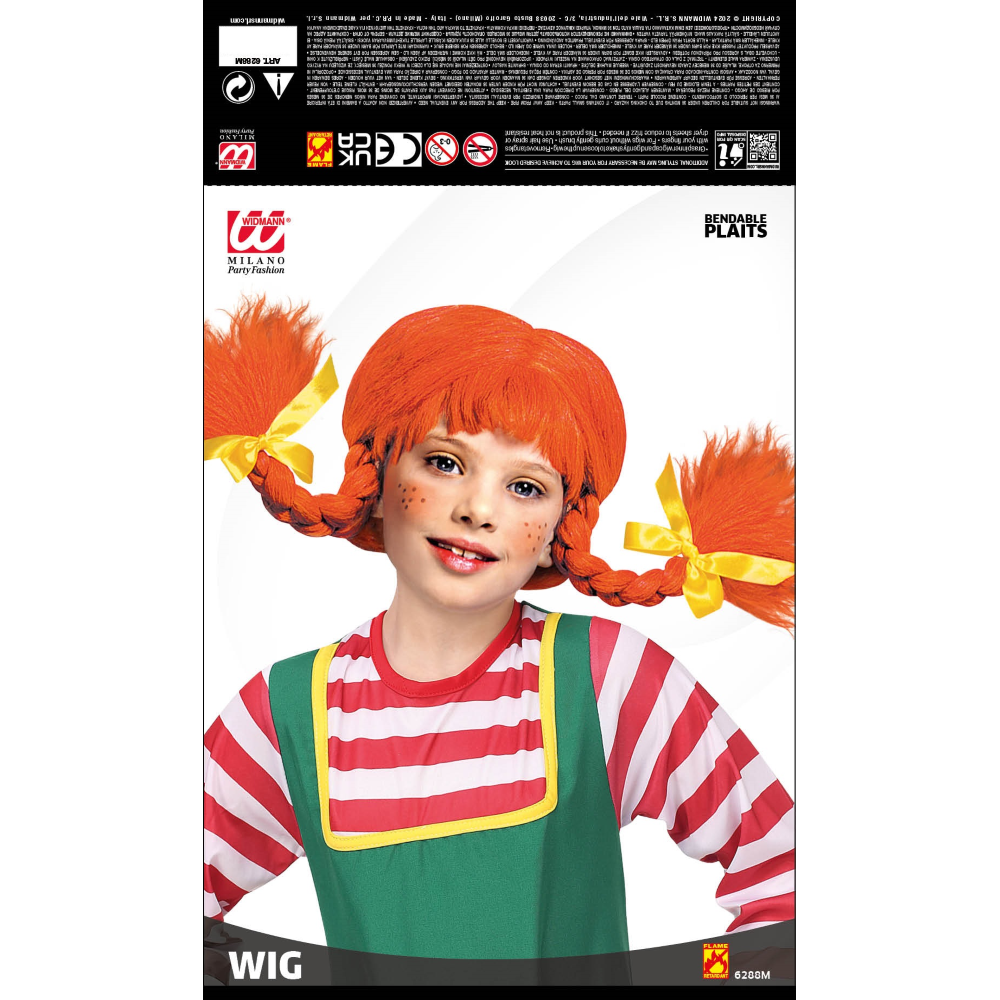 PARRUCCA BAMBINA GIOCOSA CON TRECCE ACCESSORIO TRAVESTIMENTO COSPLAY PIPPI CALZELUNGHE FESTE - 6288M
