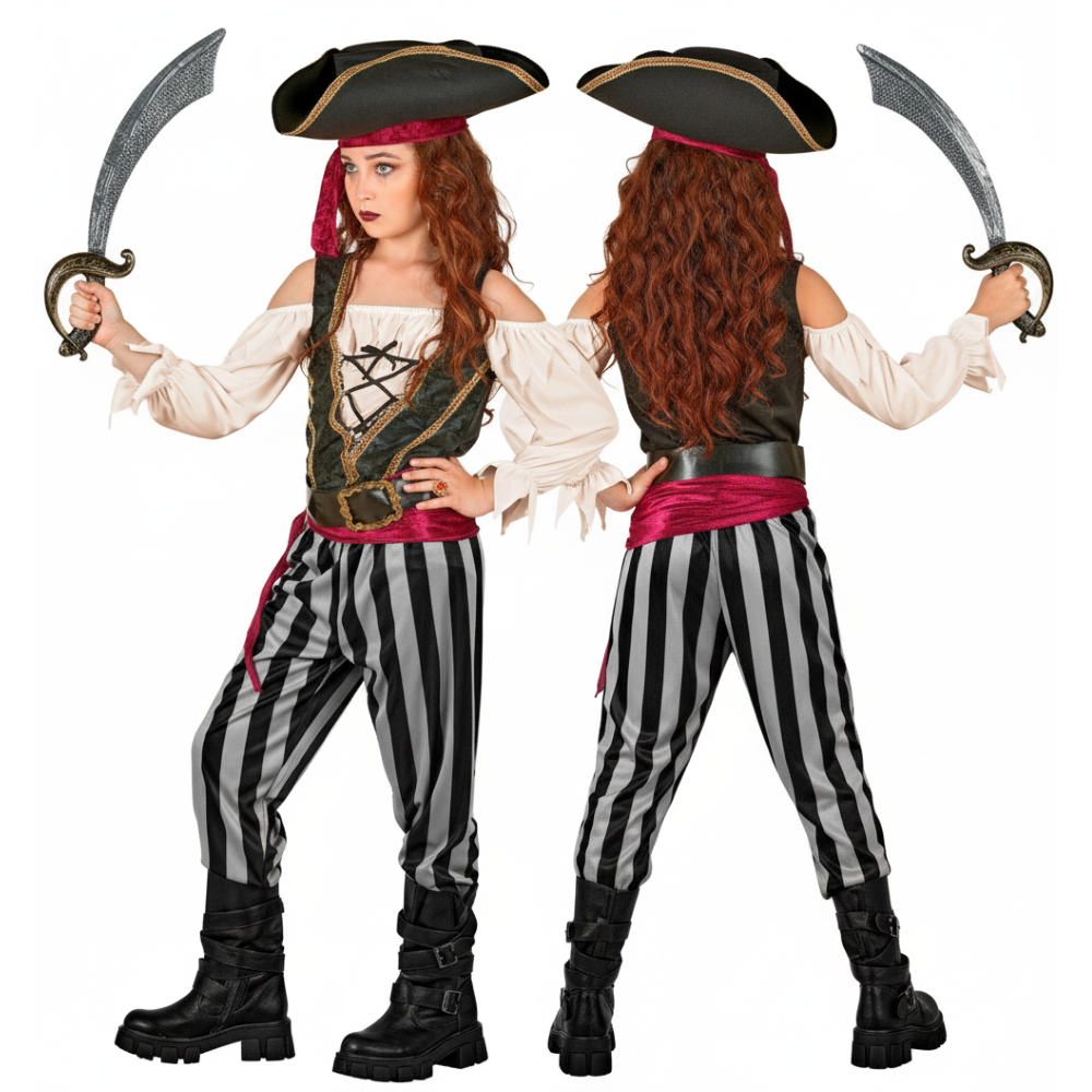 COSTUME PIRATESSA DEI MARI BAMBINA TRAVESTIMENTO CARNEVALE COSPLAY FESTE IN MASCHERA - 2543
