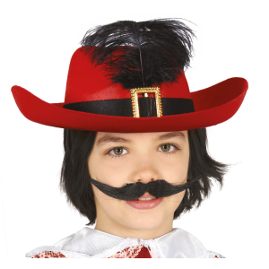 CAPPELLO ROSSO DA MOSCHETTIERE CON PIUMA IN FELTRO ACCESSORIO TRAVESTIMENTO CARNEVALE BAMBINO - 13098