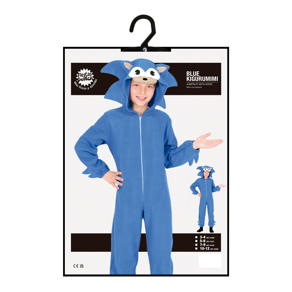 COSTUME DA RICCIO BLU TUTA CON CAPPUCCIO TRAVESTIMENTO CARNEVALE COSPLAY SONIC - 8100