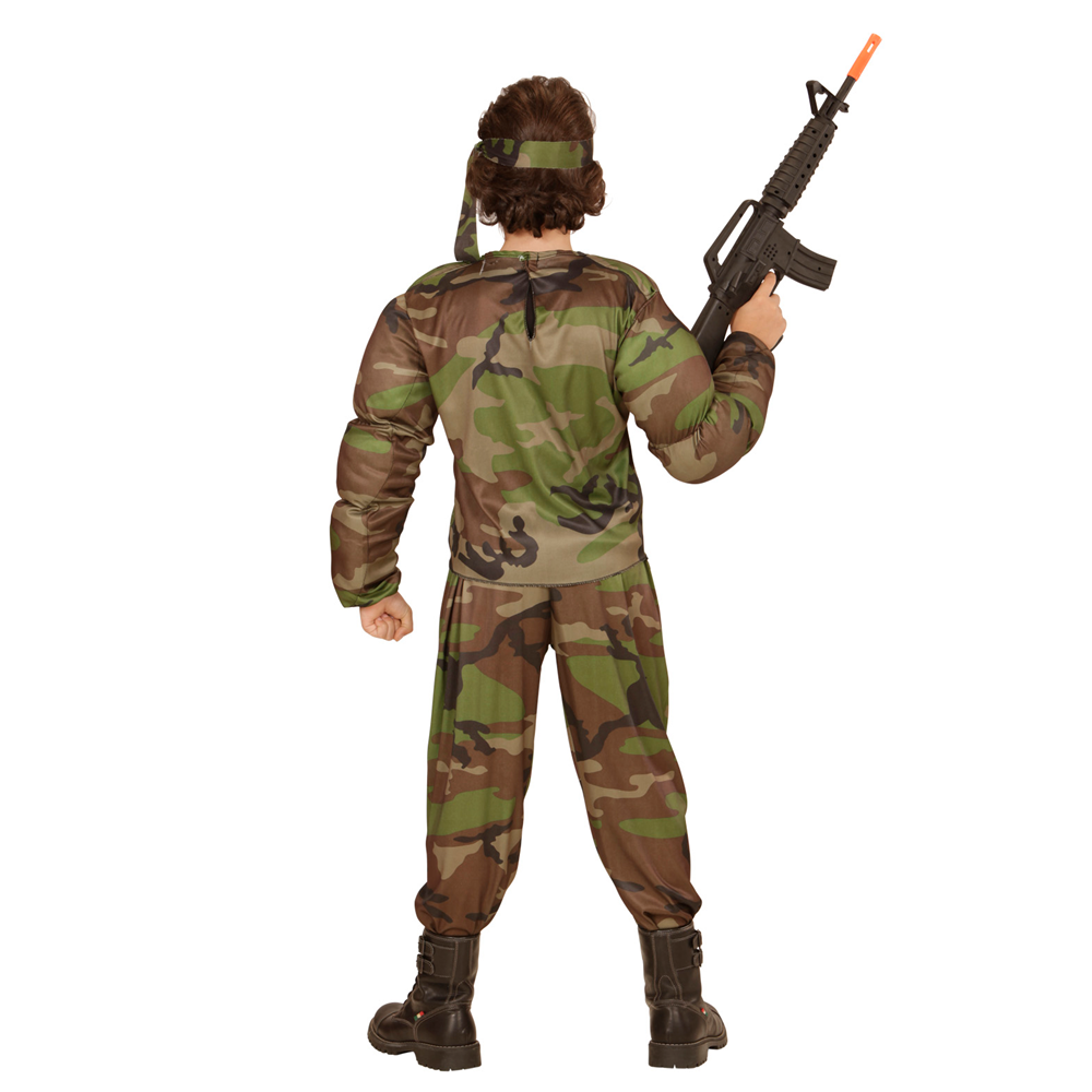 VESTITO CARNEVALE + ACCESSORI SUPER SOLDATO MUSCOLOSO COSTUME FUCILE D'ASSALTO TRUCCO 11/13 ANNI TRAVESTIMENTO - 0051+7084M+02412