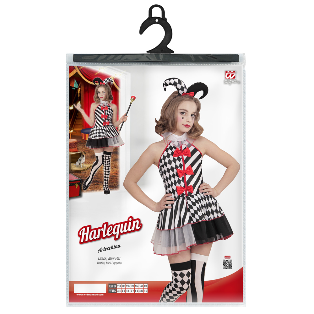 VESTITO CARNEVALE + ACCESSORI ARLECCHINA ABITO COPRICAPO SCETTRO CALZE 8/10 ANNI TRAVESTIMENTO - 1902+1914K+30005