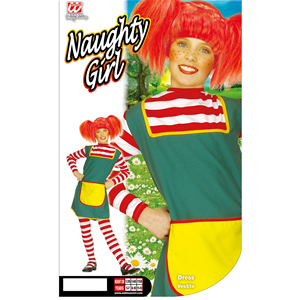 VESTITO CARNEVALE + ACCESSORI NAUGHTY GIRL PIPPI COSTUME PARRUCCA CALZE 4/5 ANNI TRAVESTIMENTO - 3607+01234+6288M