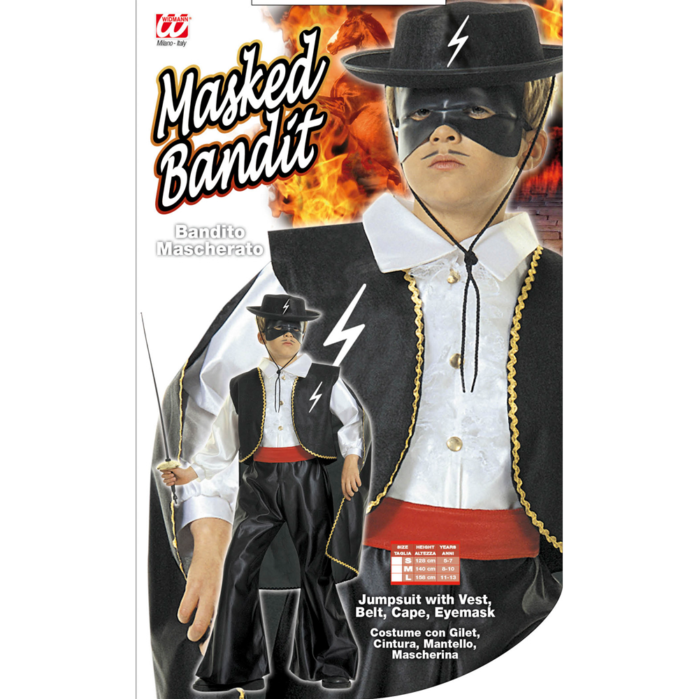 VESTITO CARNEVALE + ACCESSORI ZORRO BANDITO MASCHERATO COSTUME CAPPELLO FIORETTO 11/13 ANNI TRAVESTIMENTO - 3867+6765Z+3411Z